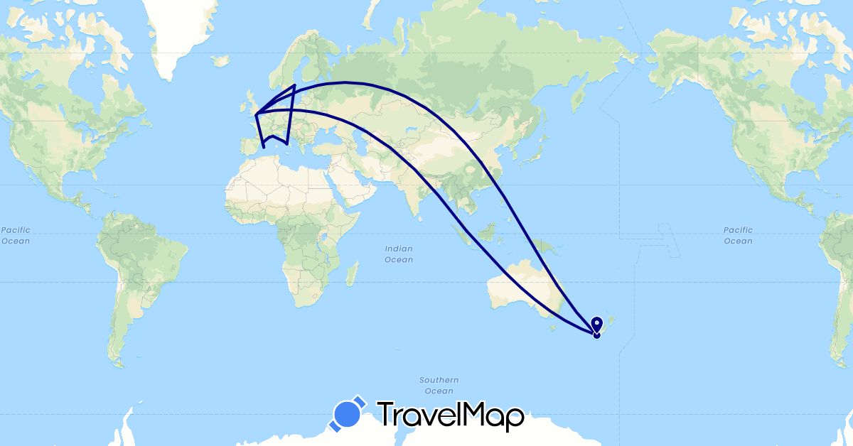 TravelMap itinerary: driving in Spain, France, United Kingdom, Italy, New Zealand, Sweden, Singapore (Asia, Europe, Oceania)